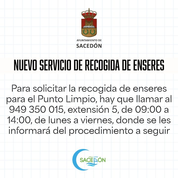 Nuevo servicio de recogida de enseres para el Punto Limpio: solicitud en el 949 350 015, extensión 5, de 09:00 a 14:00, de lunes a viernes
